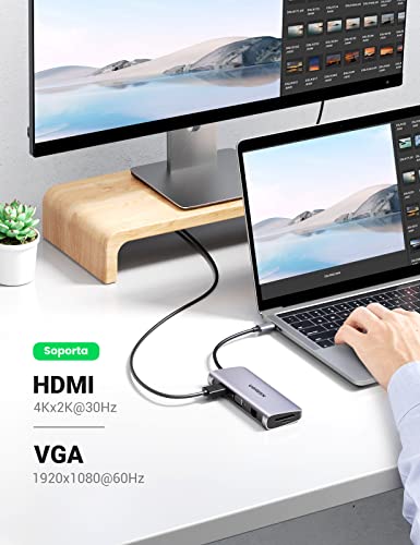 UGREEN Hub USB C, 10 en 1 USB C Hub Adaptador a HDMI 4K@30Hz, 1000Mbps Gigabit Ethernet, VGA, 3* USB 3.0, Lector Tarjeta SD TF, 3.5mm Audio Jack y 100W Power Delivery para Macbook Pro/Air, iPad Pro